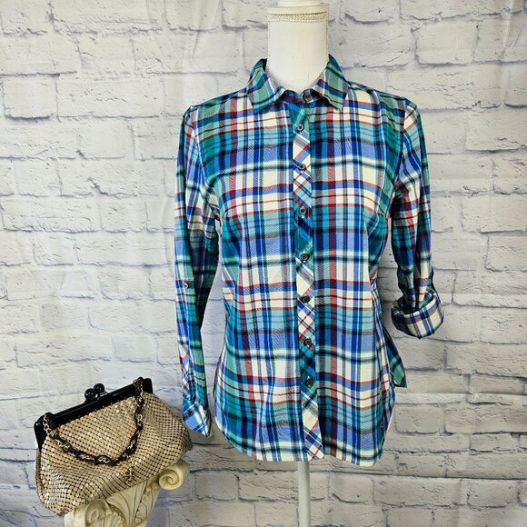 NWT Talbots Size S Petite Blue/Green/Red Plaid Roll Tab Sleeve Button Up Shirt - Picture 1 of 10
